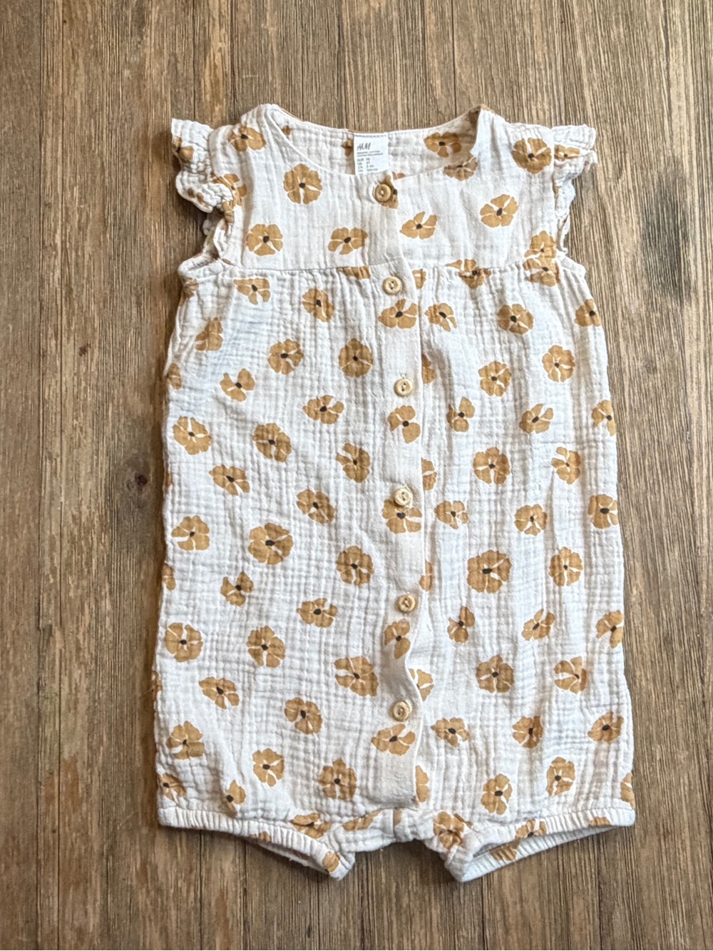 H&M Cream Gauze Baby Floral Button Romper with Mustard Print